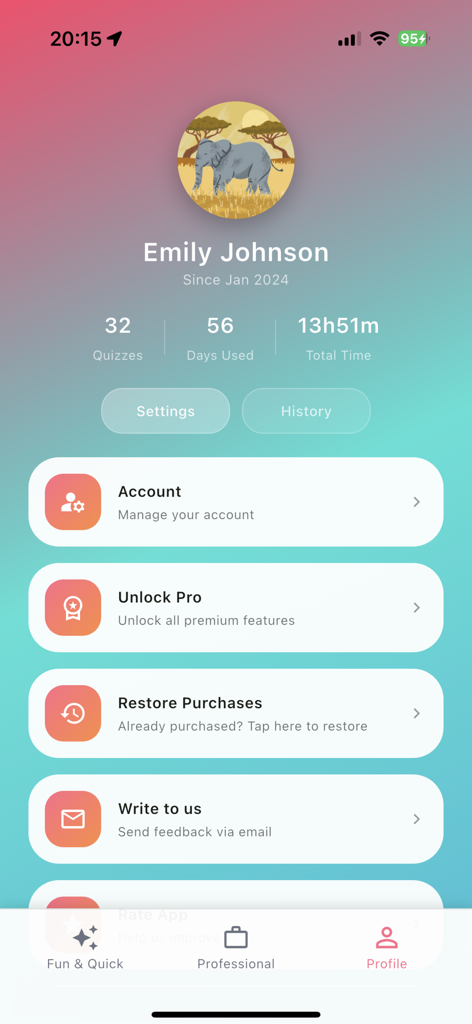 PsyPathia: Enneagram & MBTI - 성격 퀴즈 통계 및 계정 옵션을 표시하는 PsyPathia 앱 사용자 프로필 페이지입니다.