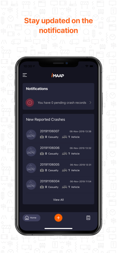 Tela de notificações do aplicativo iMAAP exibindo uma lista de relatórios recentes de acidentes rodoviários