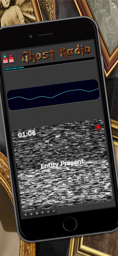 Ghost EVP Radio - Paranormal - Ghost EVP Radio app interface showing a spirit box session with an oscilloscope and entity present alert over static.