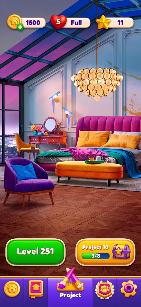 Luxury bedroom interior with purple furniture and a gold chandelier in DIY Projects Art Puzzle Game