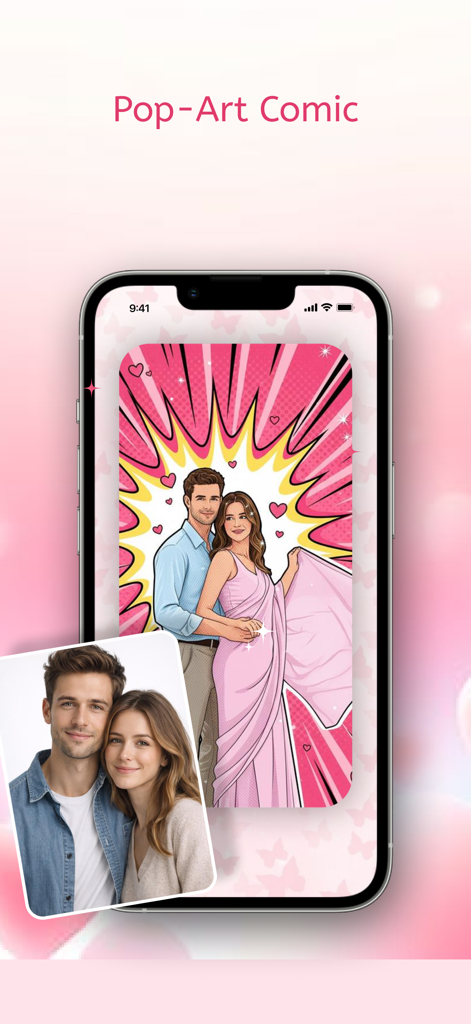 AI Caricature Maker : Photo AI - Uma foto real de um casal transformada em uma caricatura colorida de estilo pop-art de quadrinhos gerada por IA