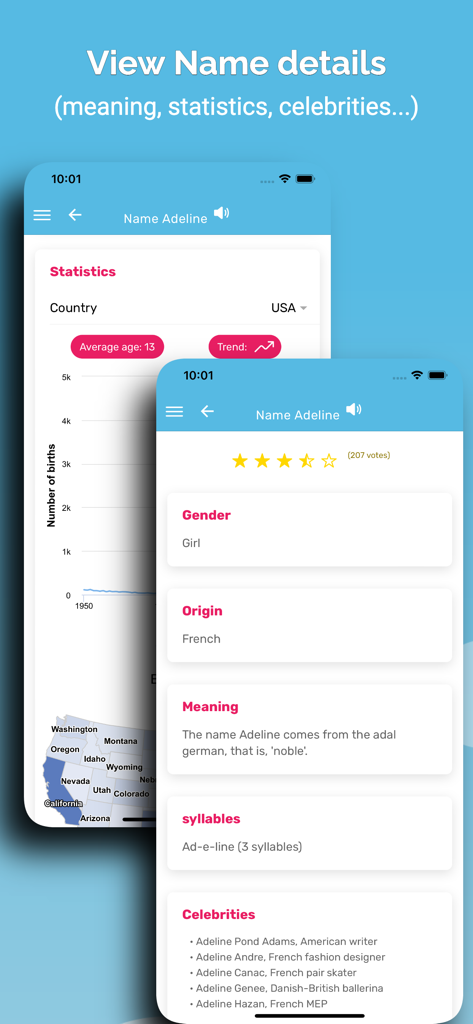 A mobile app interface displaying detailed statistics, origin, meaning, and famous namesakes for the baby name Adeline.