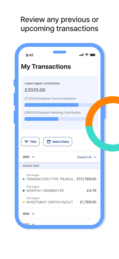 LifeSight Pension GB app interface showing a list of recent transactions and contribution details