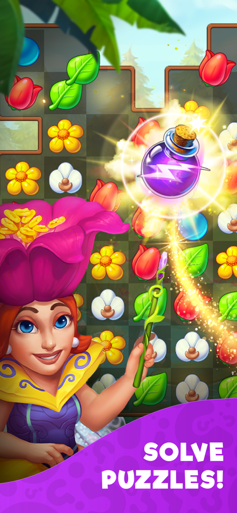 A woman wearing a flower hat uses a magic wand in a colorful flower match 3 puzzle in The Tribez game.