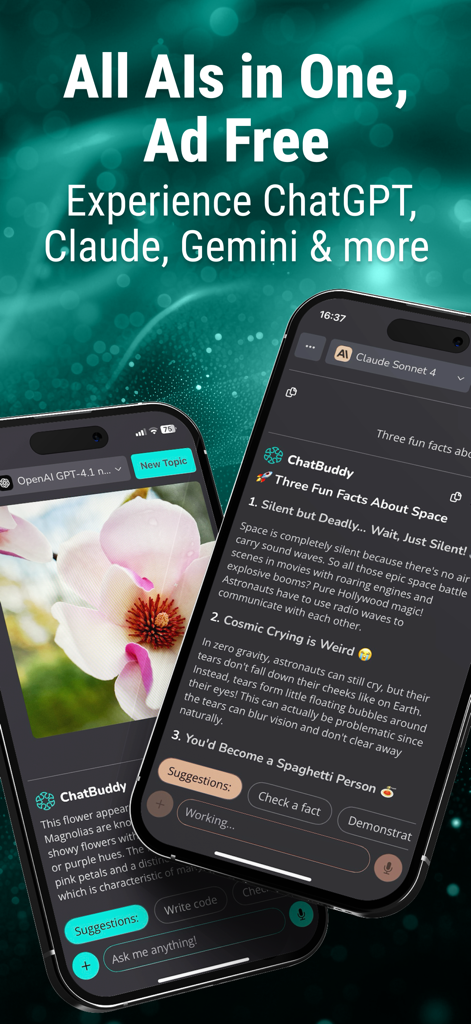 ChatBuddy - Multi-AI Assistant - ChatBuddy app interface showing multiple AI models on two smartphones