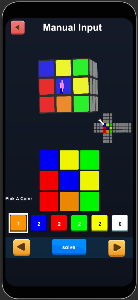 Easy 3x3 cube Solver - Manual color input screen for solving a 3x3 cube puzzle