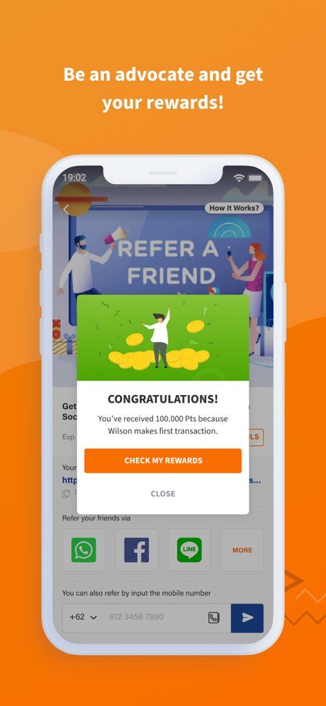 TADA - Memberships & Rewards - Mobile app screen showing a successful referral reward of 100000 points with options to share via social media