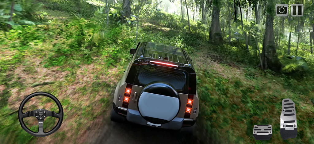 Offroad 4x4 Car Simulator 2023 - A modern SUV driving through a dense green forest with on-screen steering wheel and pedal controls.