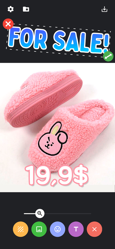 A photo of pink slippers being edited with a for sale text overlay in the txt app