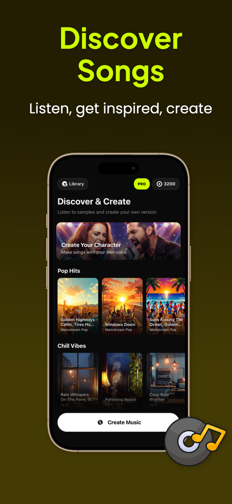Moniq - Pantalla Descubrir de la app Moniq mostrando categorías de música generada por IA como Éxitos Pop y Vueltas Relajadas