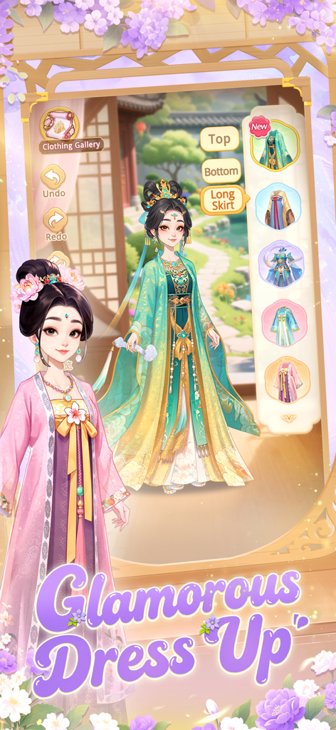 My Garden Tale - Uma tela de personalização de personagem em My Garden Tale mostrando elegantes vestidos florais tradicionais e acessórios de moda.