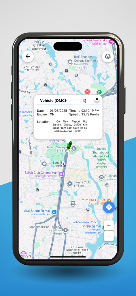 Grameenphone Vehicle Tracking - Interface of Grameenphone Vehicle Tracking app showing a car location and speed on a map of Dhaka