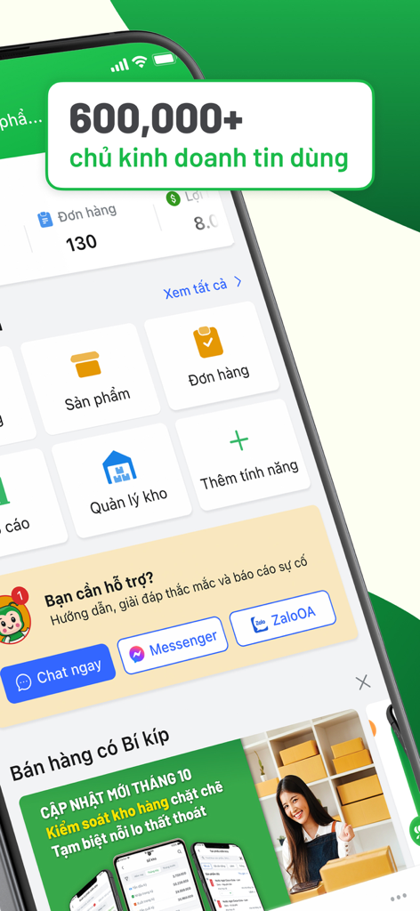 Sổ Bán Hàng: Quản lý toàn diện - Dashboard dell'app Sổ Bán Hàng che mostra funzionalità di gestione aziendale come inventario e ordini in vietnamita