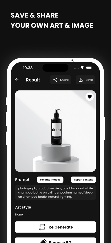 PixAI - Image Generator - Interface of the PixAI app showing a generated product image of a shampoo bottle with options to save and share