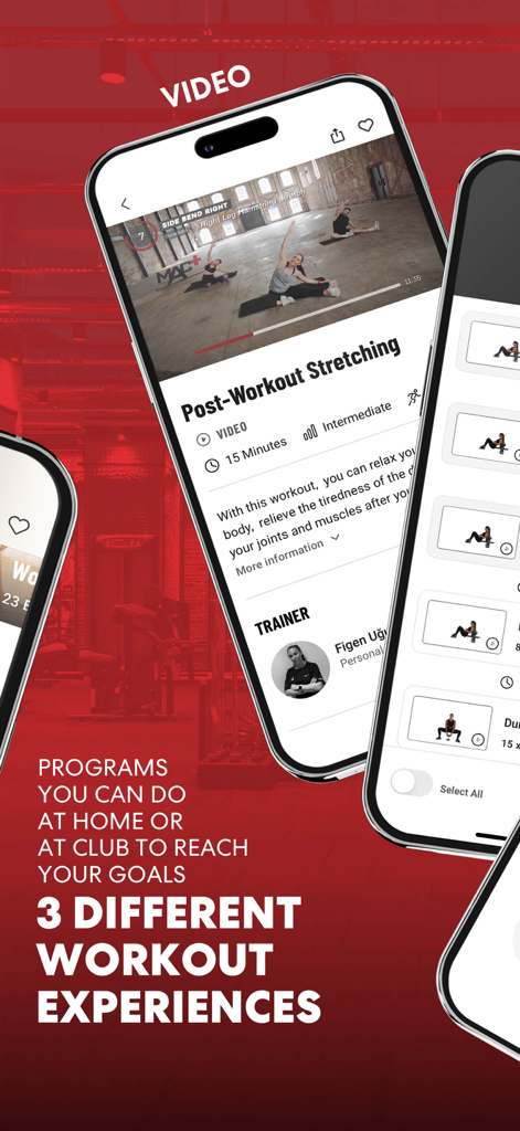 Interface of the MAC+ fitness app showing a post-workout stretching video for intermediate level