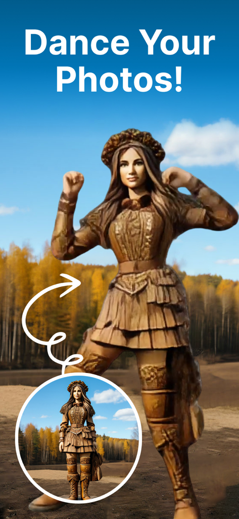 Screenshot of the AI Dance app showing a wooden figure being animated into a dance routine from a static photo with the text Dance Your Photos
