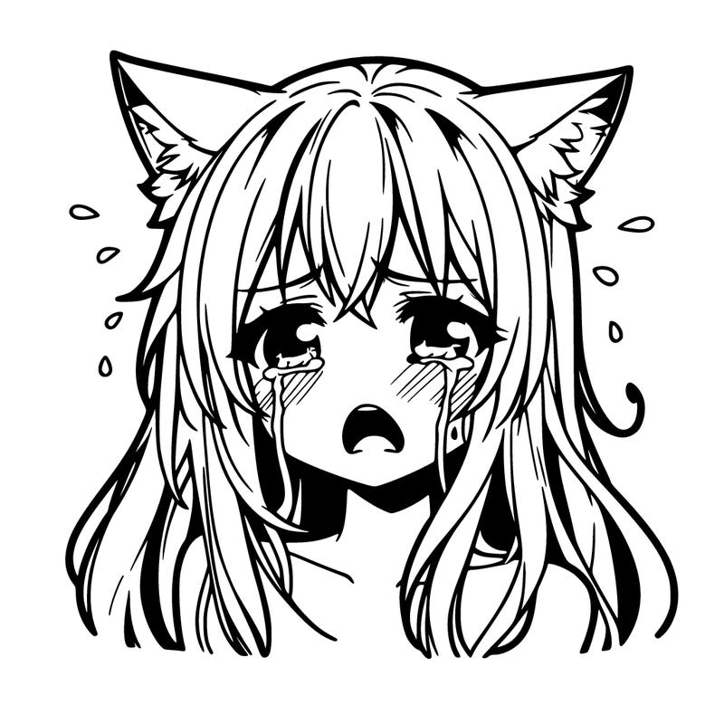 anime girl neko, face with long hair and crying