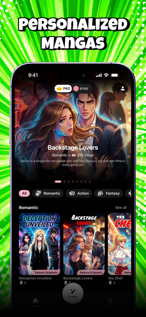 Manga Reader, Manhwa: Sakura - Sakura manga reader app home screen showing personalized manga recommendations and genre categories