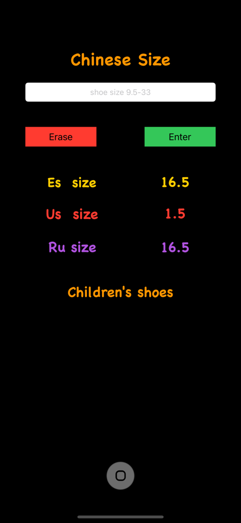AB LegSize-App-Oberfläche, die Umrechnungsergebnisse für chinesische Kinder-Schuhgrößen in US-, europäische und russische Standards zeigt.