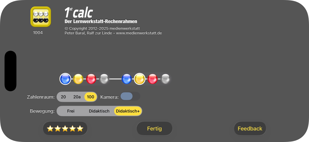 Interfaz de la aplicación 1st Calc que muestra la configuración de números y modos de movimiento de las cuentas.