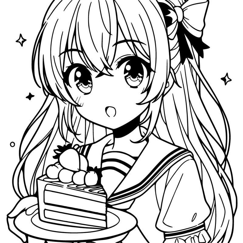 anime girl with a slice of strawberry cake