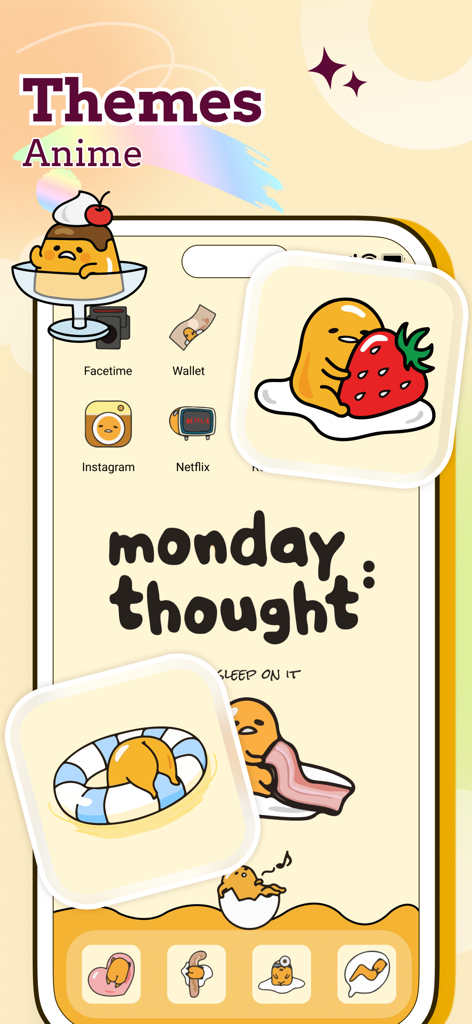ThemeX: App Icons & My Widgets - Una pantalla de inicio de iPhone personalizada con un tema de huevo de anime lindo y amarillo con iconos y widgets a juego.
