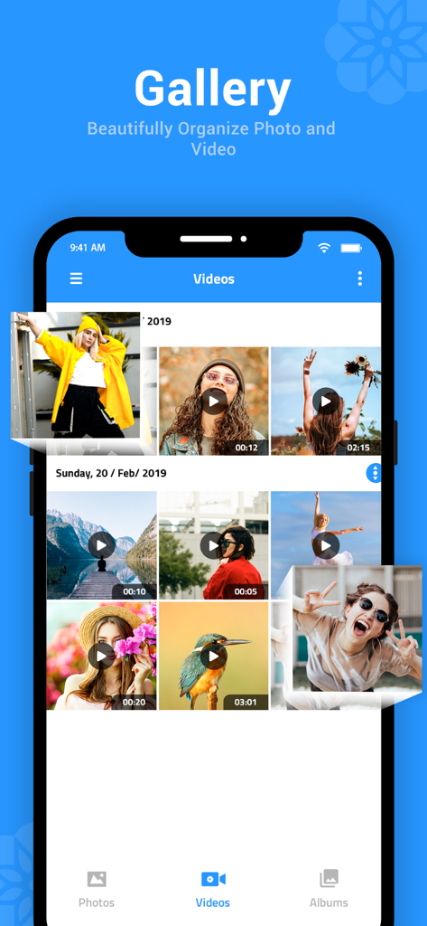Gallery Lock app interface showing a grid of video thumbnails with timestamps and navigation buttons.