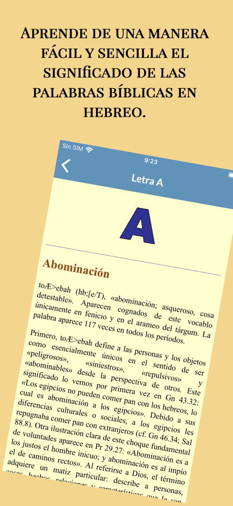 Captura de pantalla de la aplicación Diccionario Hebreo Bíblico que muestra una definición detallada de palabra en español