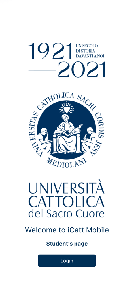 Icatt - Welcome screen for the iCatt mobile app featuring the Università Cattolica del Sacro Cuore logo and login button.
