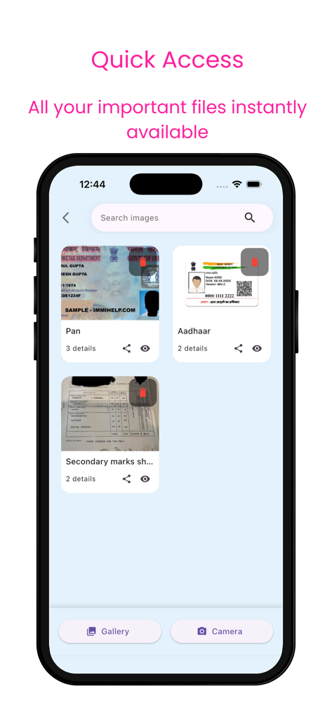DocVault app screen showing quick access to stored identity documents and a search bar