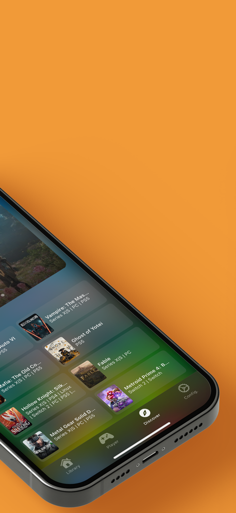 GameZ Collection - iPhone, das die Entdeckungsseite der GameZ Collection App mit einer Liste beliebter Videospiele anzeigt