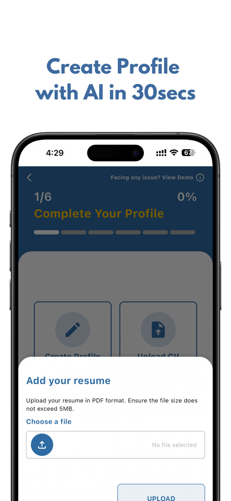 Search O Pal - Search O Pal mobile app screen showing a resume upload popup for AI profile creation
