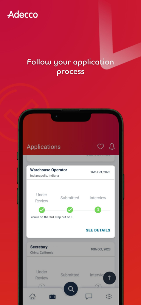 Adecco - Adecco app screen showing a job application progress tracker for a Warehouse Operator position.