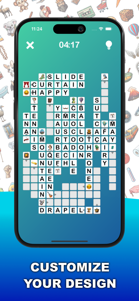 Word Detective - Un smartphone que muestra un crucigrama de Word Detective donde los iconos sirven como pistas para rellenar la cuadrícula.