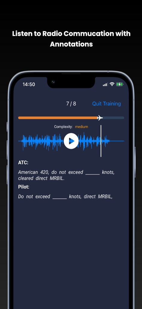 Une interface d'application mobile montrant une session d'entraînement de pilote pour la communication radio du contrôle aérien avec des transcriptions et la lecture audio.