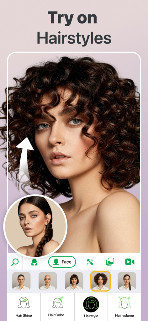 Retouch Me: Face, Body Editor - Retouch Meアプリを使用して新しいカーリーヘアスタイルを試している女性