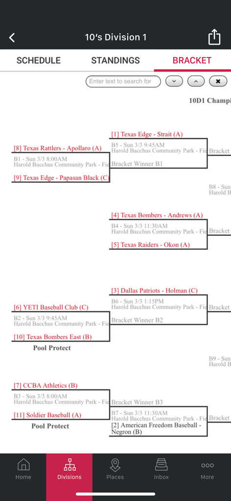 SportsEngine Tourney - A screen from the SportsEngine Tourney app showing a youth sports tournament bracket for 10s Division 1 with team names and game times.