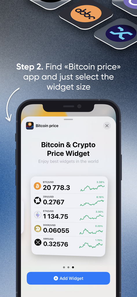 iPhone screen showing how to add the Bitcoin and Crypto Price Widget with live coin data