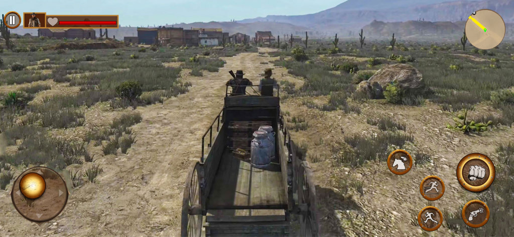 West Survival of Cowboy Horse - A cowboy driving a horse-drawn wagon through a desert toward a town in a Western RPG game