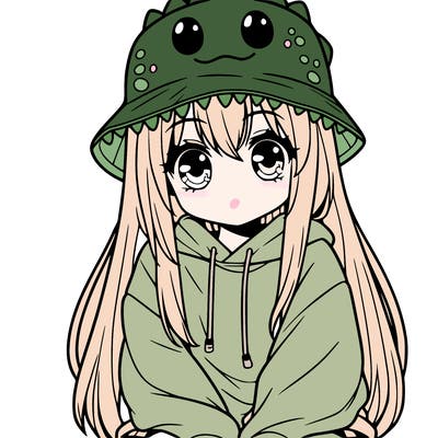 girl with anime shaped eyes with a dinosaur bucket hat oversized sweatshirt long straight hair