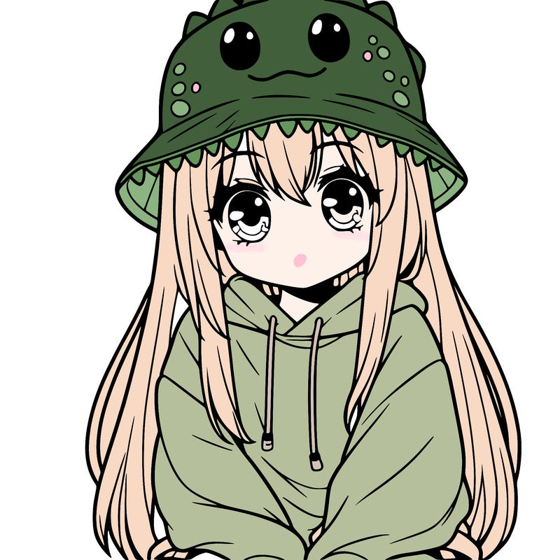 girl with anime shaped eyes with a dinosaur bucket hat oversized sweatshirt long straight hair