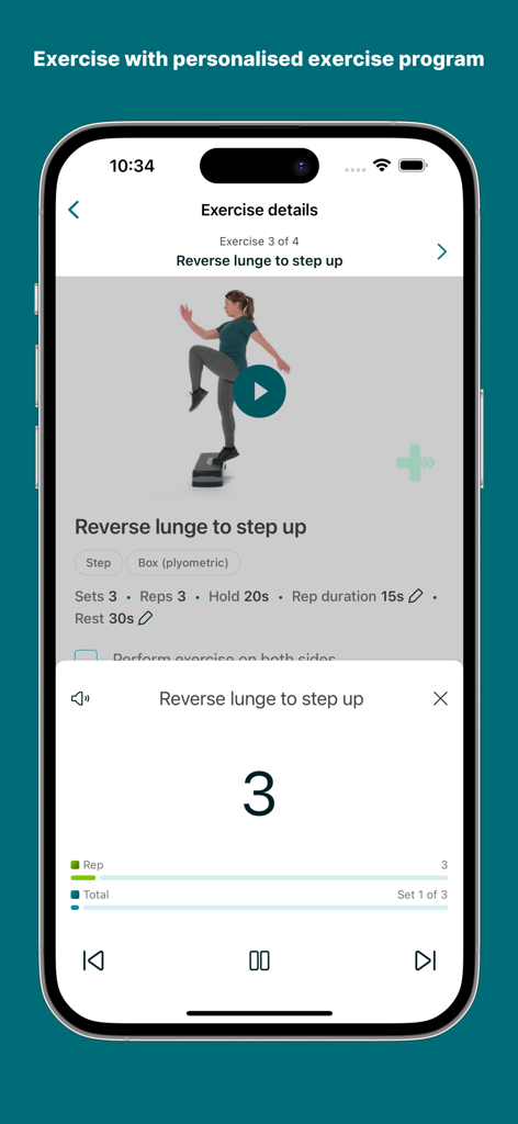 Vita-Health - Interface do aplicativo Vita-Health mostrando um vídeo do exercício de afundo reverso com contador de repetições.