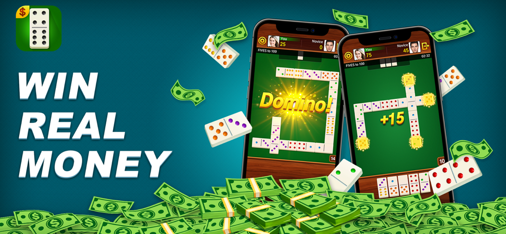 Dominoes Cash: Win Real Money - Promotional banner for Dominoes Cash app featuring mobile gameplay and cash prizes