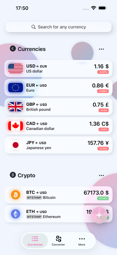 Smart Currency Converter - Interfaz de Smart Currency Converter mostrando tasas de cambio para las principales divisas y criptomonedas