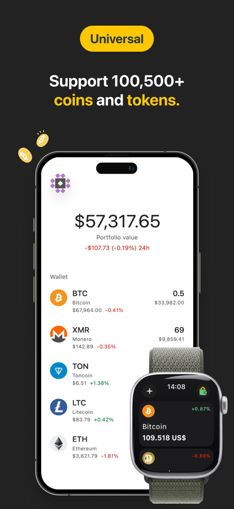Interfaz de la aplicación Coin Wallet mostrando un portafolio de criptomonedas en un iPhone y seguimiento de precios en tiempo real en un Apple Watch.