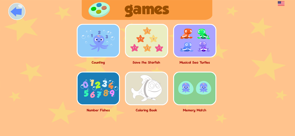 Game selection screen in Pastor Fish app featuring educational activities like counting and coloring