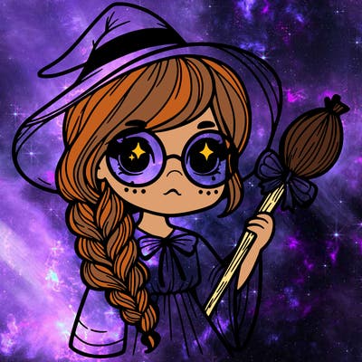 a witch with a braid and two glasses