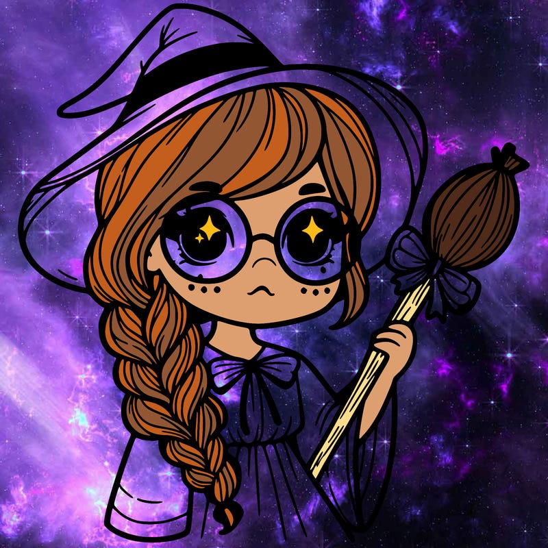 a witch with a braid and two glasses