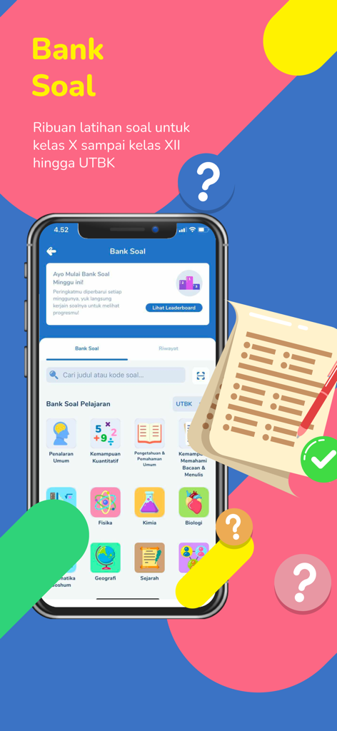 Pahamify app screen displaying the Question Bank feature with icons for various school subjects like Physics and Chemistry