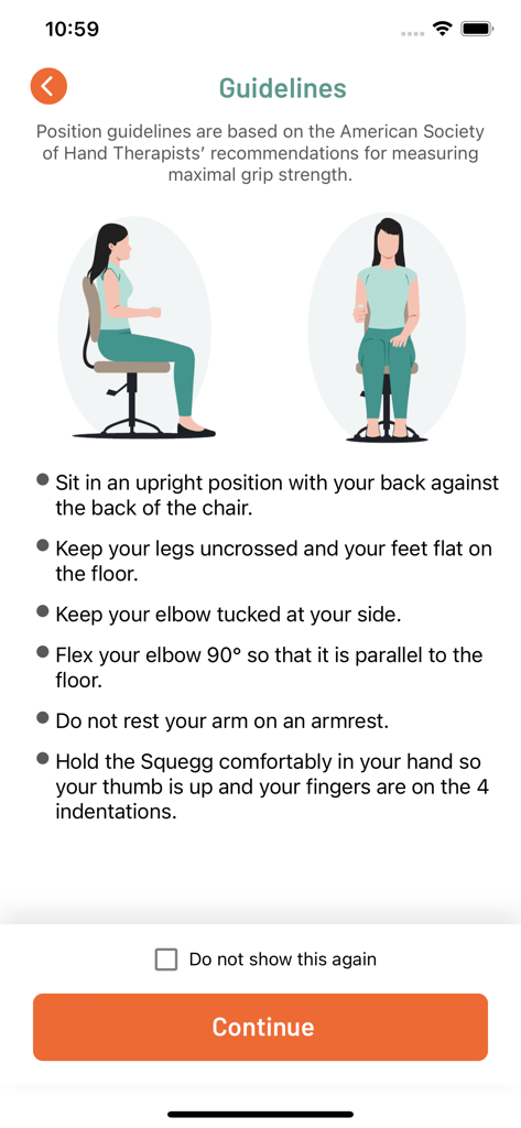SQUEGG - SQUEGG app screen illustrating proper sitting posture for measuring hand grip strength.